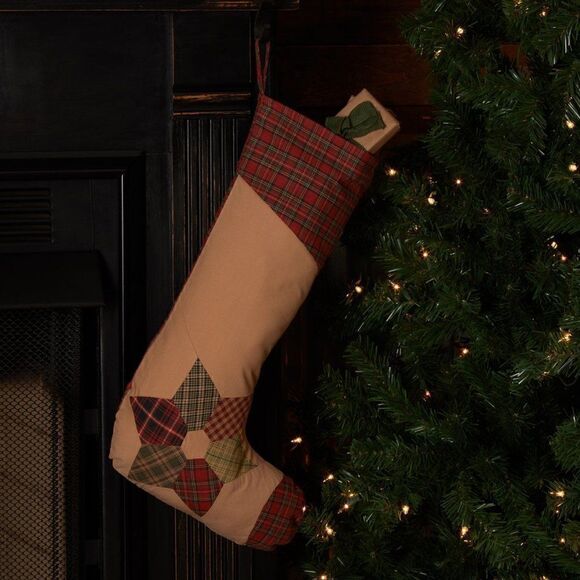 Christmas Farmhouse Primitive Star Pieced Stocking Holiday Country Rustic New - Picture 1 of 3